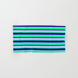 [ Thumbnail: Light Blue, Green & Dark Blue Colored Lines/Stripes Pattern Hand & Bath Towel ]