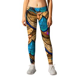 Stained Glass Leaf Paisley 1 Leggings | Blueleaf, Skyblue, Floral, Orangebluefloral, Graphicdesign, Azulpaisley, Bluefloral, Floralpaisley, Orangefloral, Paisley 