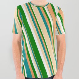 [ Thumbnail: Vibrant Brown, Dark Cyan, Tan, White & Green Colored Striped Pattern All Over Graphic Tee ]