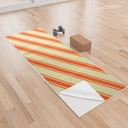 [ Thumbnail: Pale Goldenrod & Red Colored Lined Pattern Yoga Towel ]