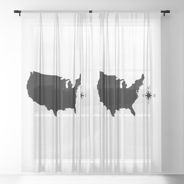 USA Outline Silhouette Map With Compass Sheer Curtain