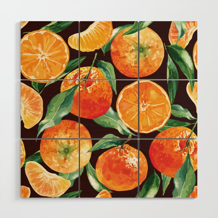 Tangerines. Whole Fruit, Slices, Pieces And Leaves Wood Wall Art