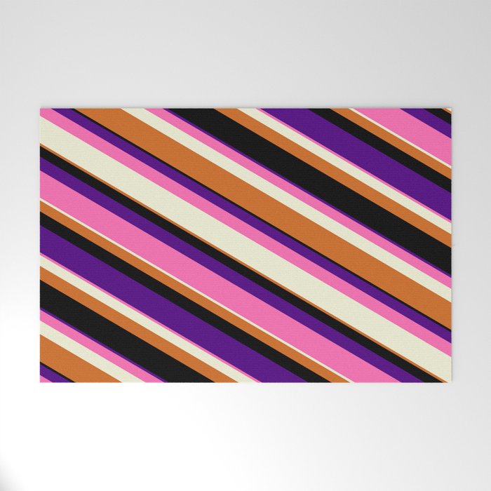 Colorful Indigo, Hot Pink, Beige, Chocolate & Black Colored Lined Pattern Welcome Mat