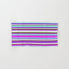 [ Thumbnail: Vibrant Aquamarine, Purple, Beige, Dark Olive Green & Fuchsia Colored Stripes Pattern Hand & Bath Towel ]