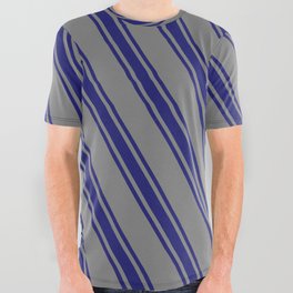 [ Thumbnail: Gray & Midnight Blue Colored Lined Pattern All Over Graphic Tee ]