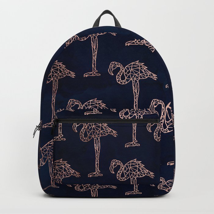 Tropical rose gold geometric flamingo pattern on navy blue watercolor Backpack