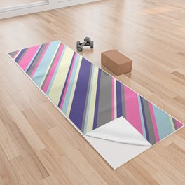 [ Thumbnail: Colorful Hot Pink, Gray, Dark Slate Blue, Light Yellow, and Light Blue Colored Stripes/Lines Pattern Yoga Towel ]
