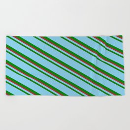 [ Thumbnail: Sky Blue, Green, and Brown Colored Lines/Stripes Pattern Beach Towel ]