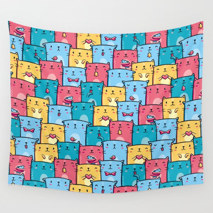 Colorful Cats Seamless Pattern Wall Tapestry