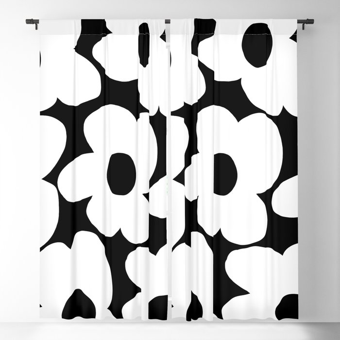White Retro Flowers Black Background #decor #society6 #buyart Blackout Curtain