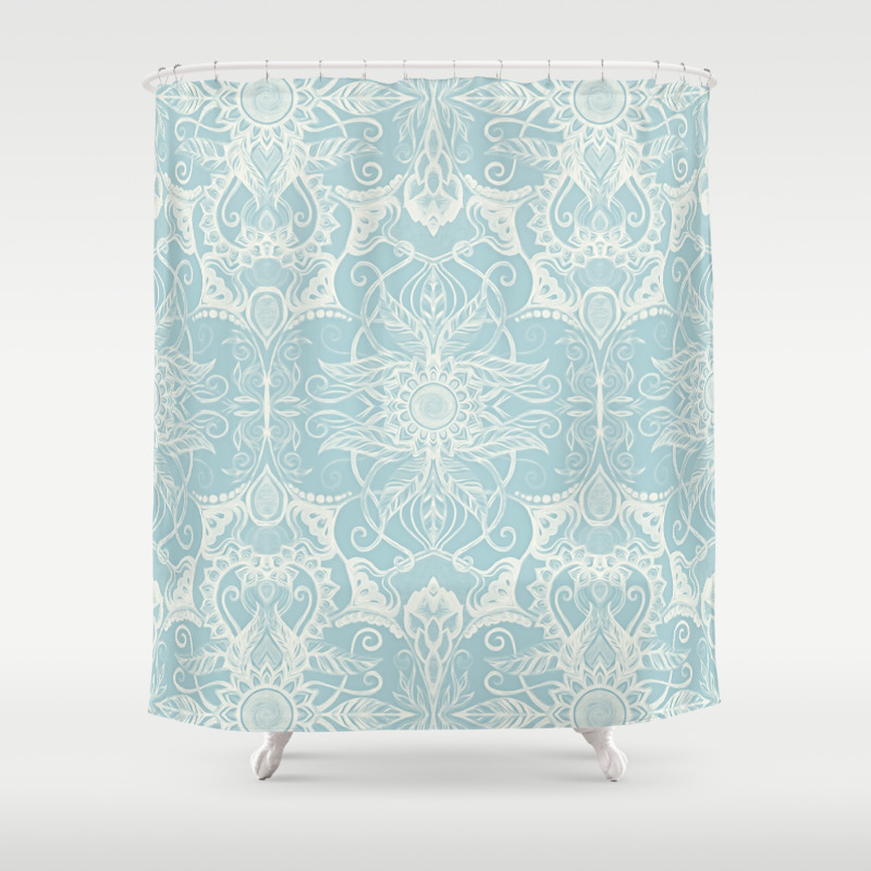 Floral Pattern In Duck Egg Blue Cream Shower Curtain By Micklyn