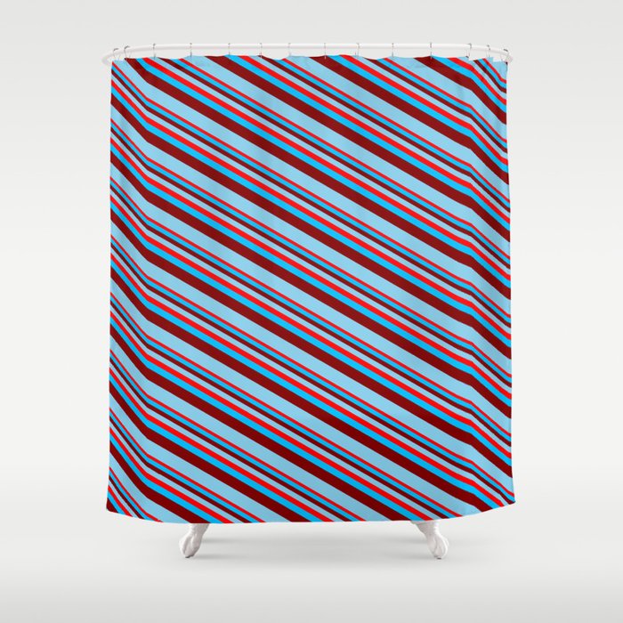 Red, Deep Sky Blue, Maroon & Sky Blue Colored Lined/Striped Pattern Shower Curtain
