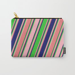 [ Thumbnail: Lime Green, Light Pink, Light Coral & Midnight Blue Colored Lines/Stripes Pattern Carry-All Pouch ]