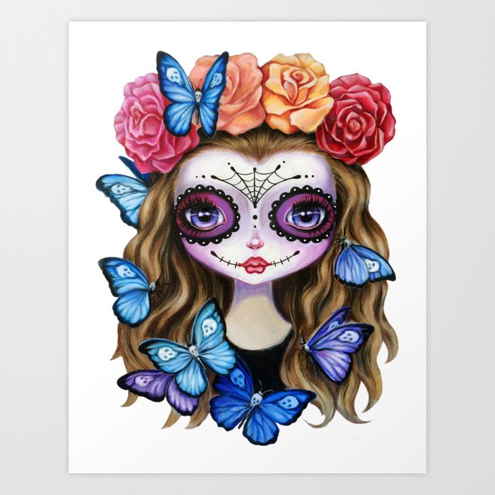 Sugar Skull Gil With Flower Crown And Butterflies Art Print By