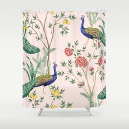 Vintage garden lemon fruit tree, plant, exotic peacock floral seamless pattern pink background. Exotic chinoiserie hand drawn.  Shower Curtain