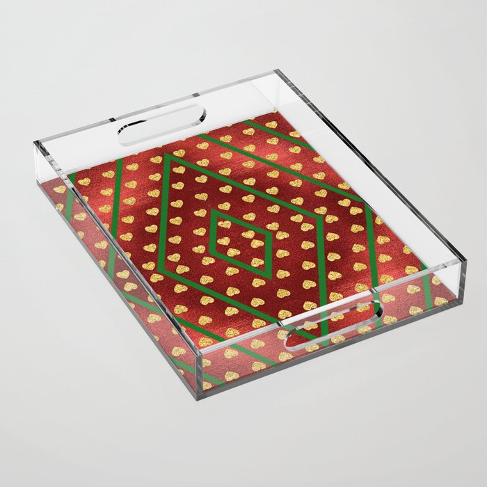 Gold Hearts on a Red Shiny Background with Green Diamond Lines Acrylic Tray