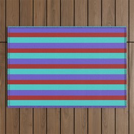 [ Thumbnail: Turquoise, Slate Blue, and Brown Lined/Striped Pattern Outdoor Rug ]