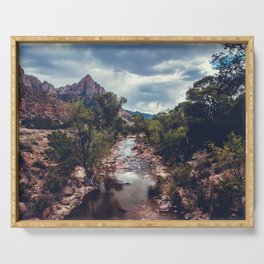 A Creek Beneath Stormy Skies at Zion Serving Tray