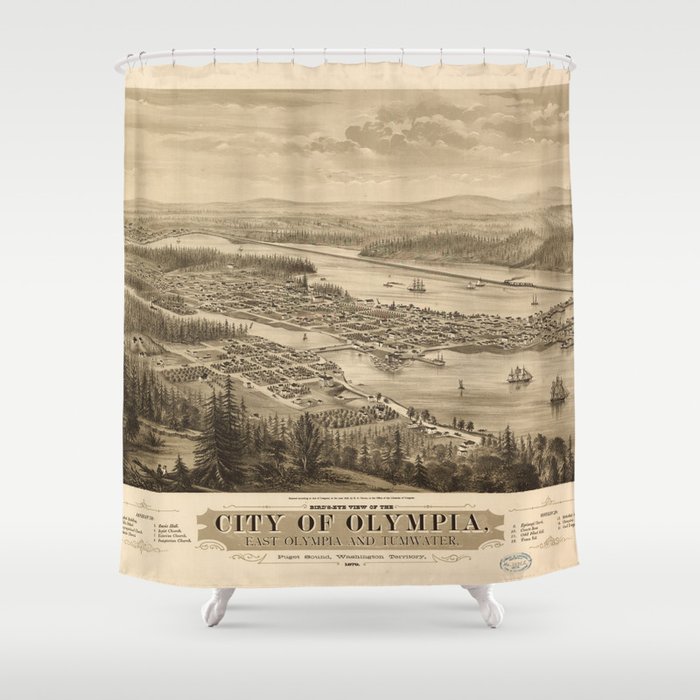 Birdy's Eye View of Olympia, East Olympia and Tumwater, Puget Sound, Washington State (1879) Shower Curtain