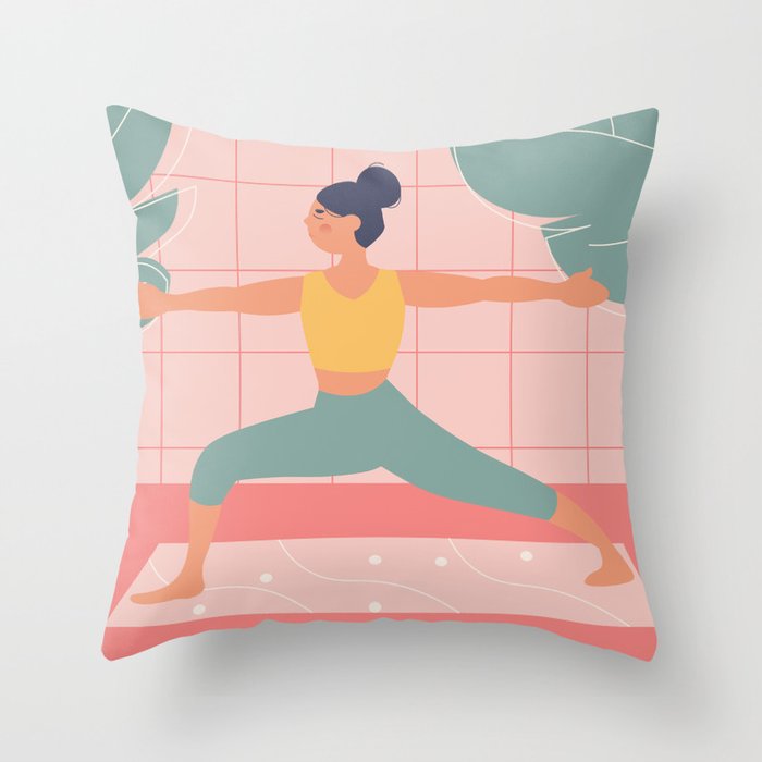 Modern minimalist bright flats illustration of a girl doing yoga, warrior pose Throw Pillow
