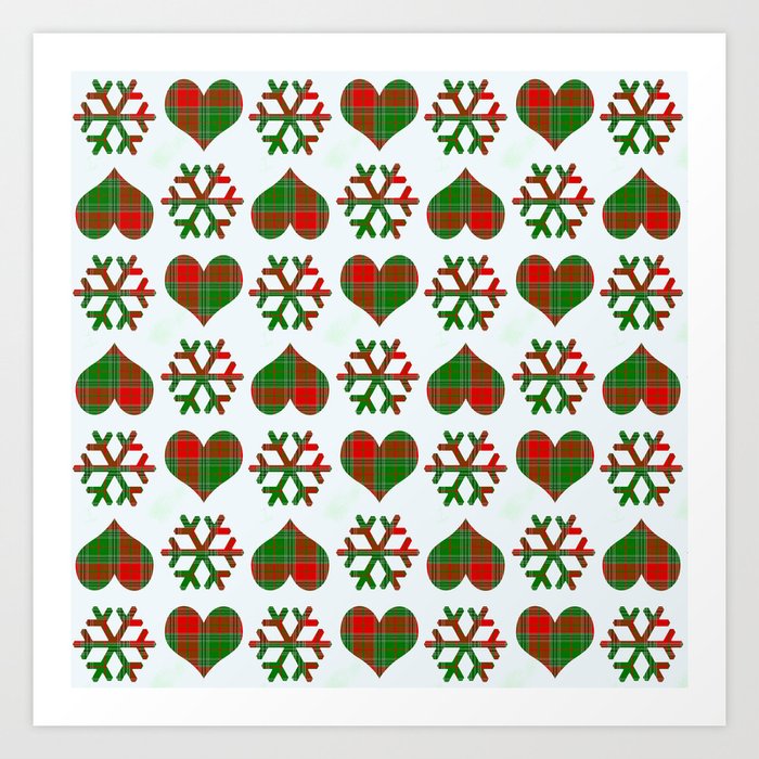  Christmas Winter Red Green Plaid Check Pattern Snowflakes And Heart Art Print