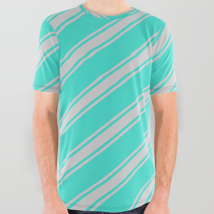 Turquoise & Light Grey Colored Stripes Pattern All Over Graphic Tee