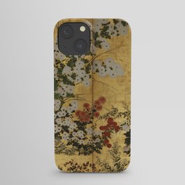 White Red Chrysanthemums Floral Japanese Gold Screen iPhone Case