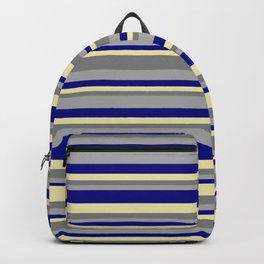 [ Thumbnail: Dark Gray, Blue, Pale Goldenrod, and Gray Colored Striped Pattern Backpack ]