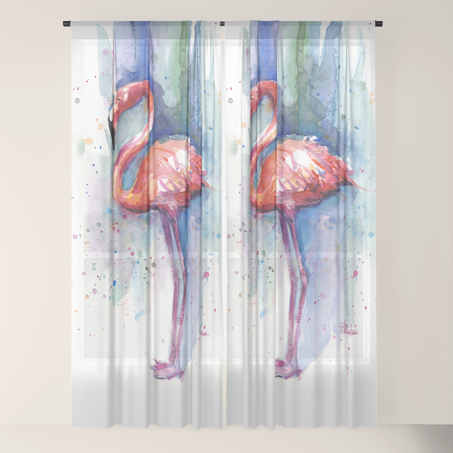 Pink Flamingo Watercolor Tropical Animals Birds Sheer Curtain By
