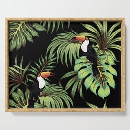 Tropical vintage toucan, palm leaves floral seamless pattern black background. Exotic jungle wallpaper.  Serving Tray