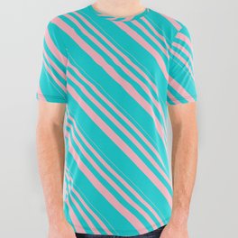 [ Thumbnail: Light Pink & Dark Turquoise Colored Striped Pattern All Over Graphic Tee ]