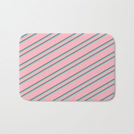 [ Thumbnail: Light Pink, Dim Gray & Turquoise Colored Stripes/Lines Pattern Bath Mat ]