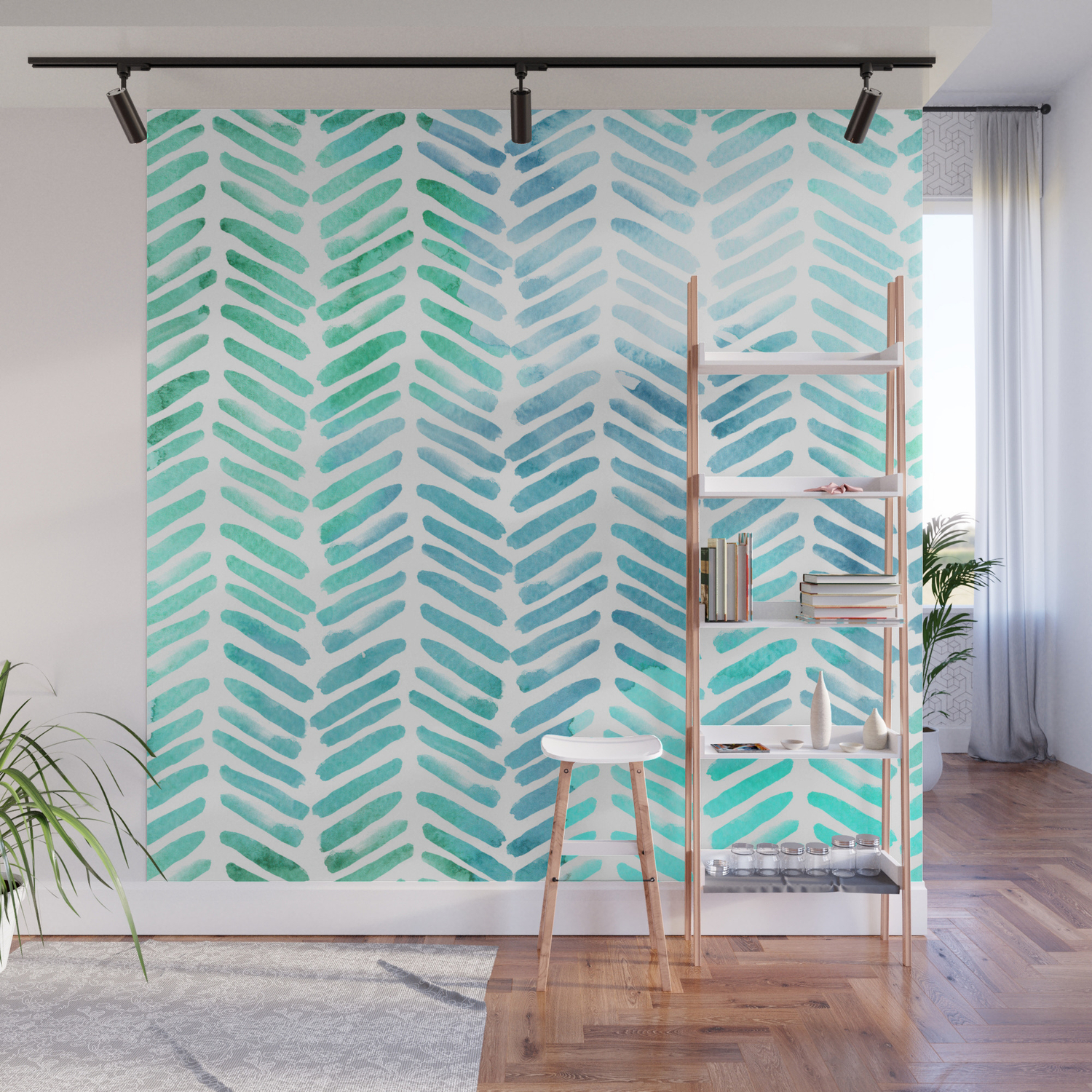 Handpainted Chevron Pattern Light Green And Aqua Stripes Wall