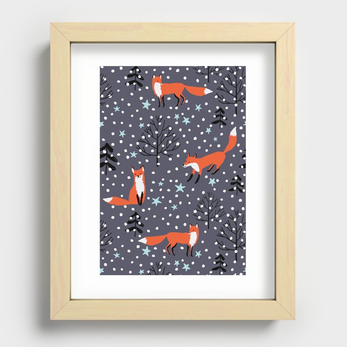 Red foxes in the nignt winter forest Recessed Framed Print