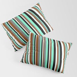 [ Thumbnail: Eyecatching Aquamarine, Gray, Brown, Mint Cream, and Black Colored Striped/Lined Pattern Pillow Sham ]