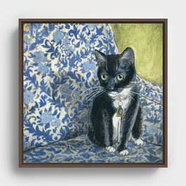 Sweet Tuxedo Cat on Blue Floral Chair Framed Canvas