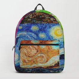 The Starry Night - La Nuit étoilée oil-on-canvas post-impressionist landscape masterpiece painting in alternate four-color collage gold, pink, blue, and green by Vincent van Gogh Backpack