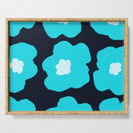 Large Pop-Art Retro Flowers in Aqua Turquoise on Black Background  Serving Tray