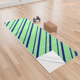 [ Thumbnail: Green & Dark Blue Colored Striped/Lined Pattern Yoga Towel ]