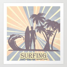 Colorful Retro Vintage Surfing Palms Wave Board Boy Art Print