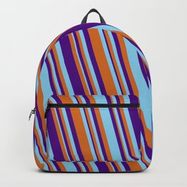 [ Thumbnail: Chocolate, Indigo & Sky Blue Colored Stripes Pattern Backpack ]
