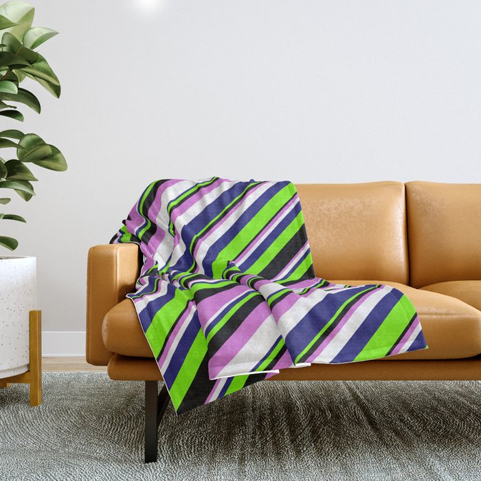Midnight Blue, Green, Black, Orchid & White Colored Stripes Pattern Throw Blanket
