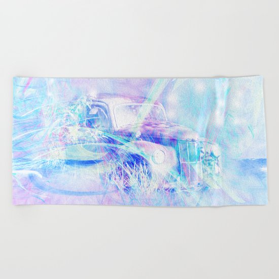Old car in pink and blue space Beach Towel