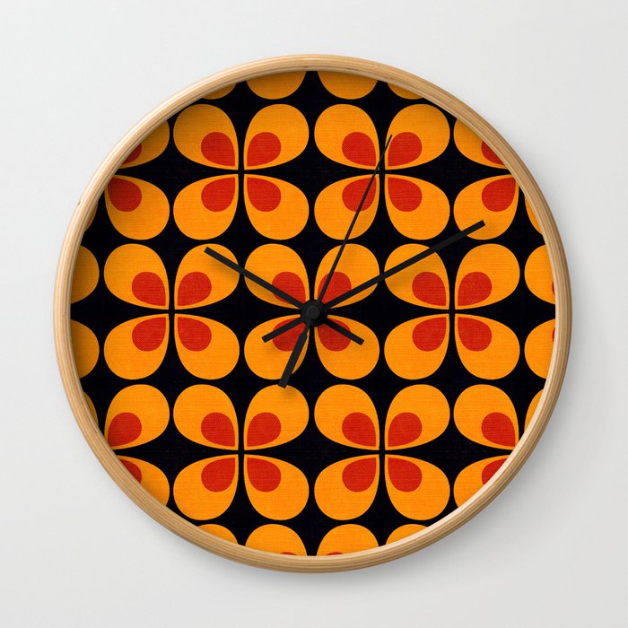 Retro Teardrop Flowers // Black Wall Clock