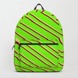 [ Thumbnail: Green, Tan & Dark Red Colored Striped Pattern Backpack ]