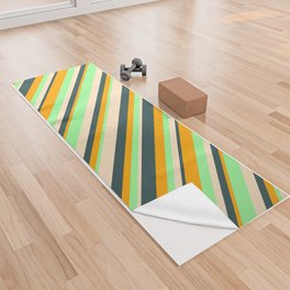 [ Thumbnail: Orange, Dark Slate Gray, Bisque, and Green Colored Lined/Striped Pattern Yoga Towel ]
