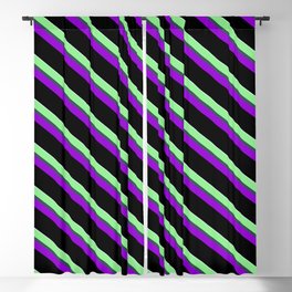 [ Thumbnail: Colorful Light Green, Dark Slate Gray, Dark Violet, Black, and Light Cyan Colored Stripes Pattern Blackout Curtain ]