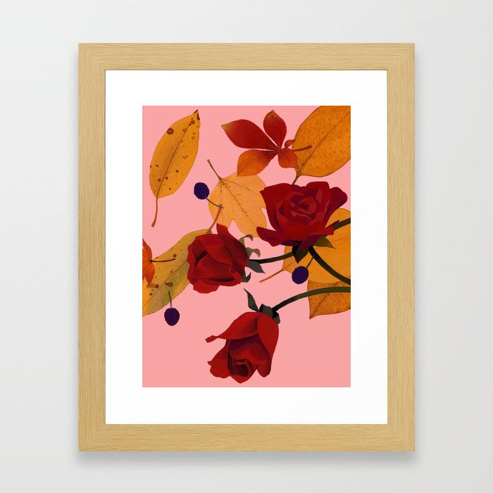 Autumn Leaves and roses Framed Art Print