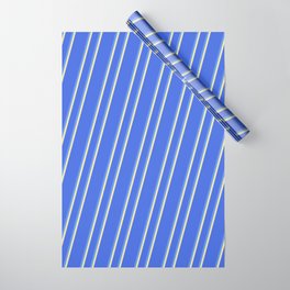 [ Thumbnail: Royal Blue, Cornflower Blue & Pale Goldenrod Colored Lined Pattern Wrapping Paper ]