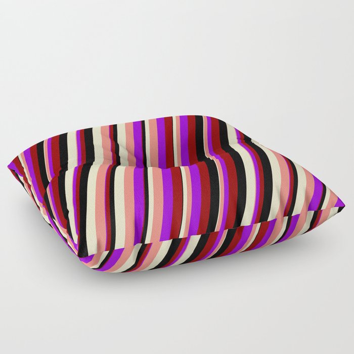 Vibrant Dark Violet, Dark Red, Black, Bisque, and Salmon Colored Stripes Pattern Floor Pillow